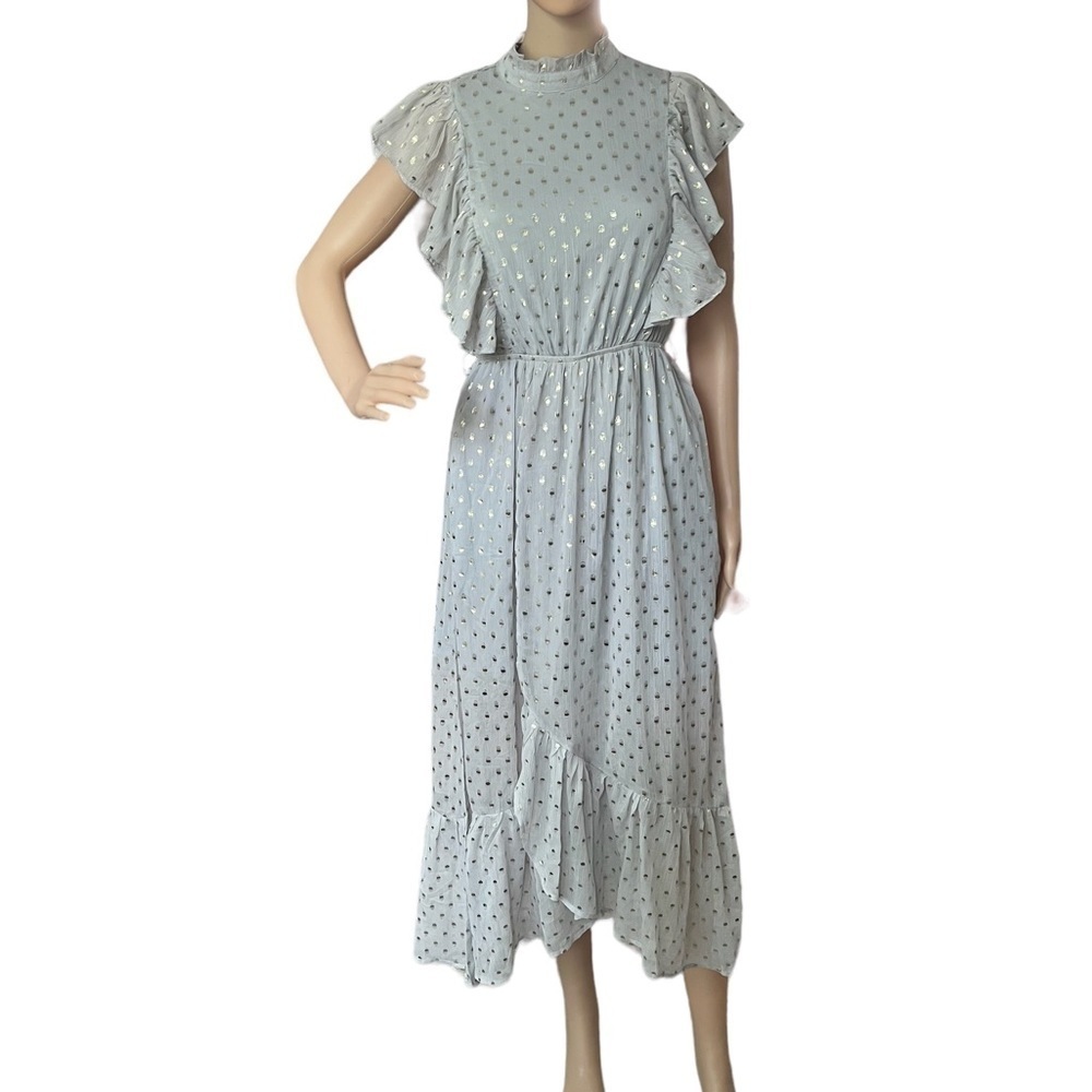 Listicle Women’s Ruffle Faux Wrap Grey Gold Polka Dot Midi Maxi Dress Size S NWT